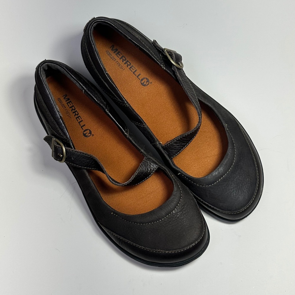 Merrell Womens  8 Dark Brown Leather Mary Jane Buckle Strap Comfort Flats Shoes